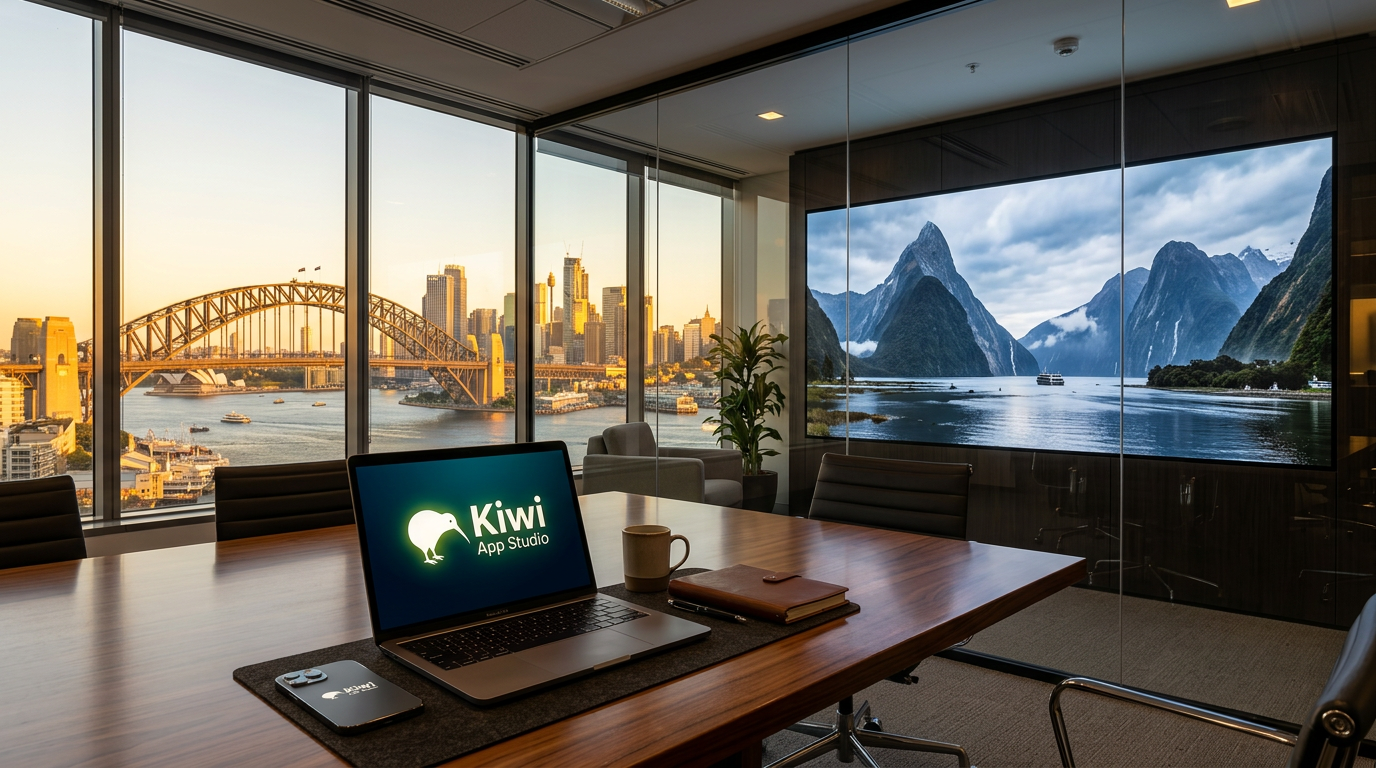 Kiwi Apps Studio team collaborating in a bright product design workspace.